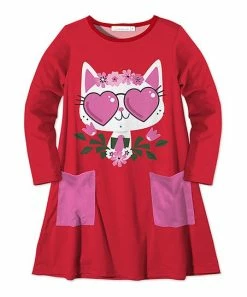 Best Pirce 👏 Sunshine Swing Red & Rosy Pink Floral Cat Pocket A-Line 👗 Dress - 👧 Girls 🤩