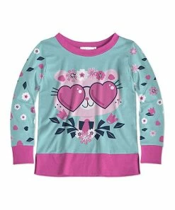 Discount 👏 Sunshine Swing Light Turquoise & Rosy Pink Floral Cat Long-Sleeve Top - 👧 Girls 👍