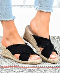 Buy 👍 ROSY Black Cross-Strap Espadrille Wedge 🩴 Sandal - 👩 Women ⌛