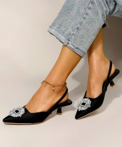 Best Sale 😍 ROSY Black Rhinestone-Accent Slingback Kitten Heel Pump - 👩 Women 😍