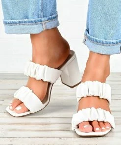 Best Sale ⌛ ROSY White Double Gathered-Strap Block-Heel 🩴 Sandal - 👩 Women 🧨