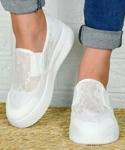 Best Sale ⭐ ROSY White Lace Platform Slip-On 👟 Sneaker - 👩 Women 🥰