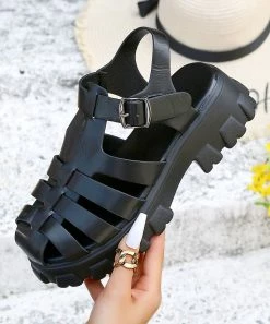Budget 😉 ROSY Black Platform Strap 🩴 Sandal - 👩 Women 😉