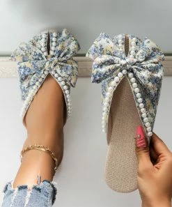 Wholesale 😉 ROSY Blue & White Floral Bow Bead-Accent Mule - 👩 Women 😍
