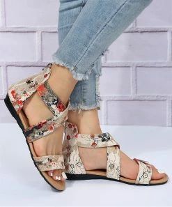 Best Sale 🔥 ROSY Beige & Red Abstract Cross-Strap 🩴 Sandal - 👩 Women 👏 -ROSY SHOP zu106576390 alt 2 tm1655124995