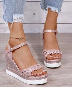 Budget ⭐ ROSY Pink Braid-Accent Wedge 🩴 Sandal - 👩 Women 😉