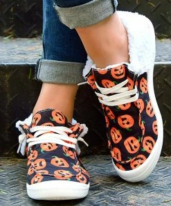 Buy 🛒 ROSY Black & Orange Pumpkin Fold-Over Faux Fur-Lined Boat 👟 Sneaker - 👩 Women ⭐ -ROSY SHOP zu107944570 alt 2 tm1659480904