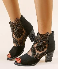 Best deal 🎁 ROSY Black Lace Heeled Peep-Toe 🩴 Sandal - 👩 Women 🔥 -ROSY SHOP zu107970715 alt 3 tm1659720546