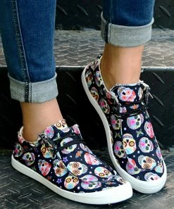 Budget 🔥 ROSY Black & Cyan Sugar Skull Boat 👟 Sneaker - 👩 Women 🧨