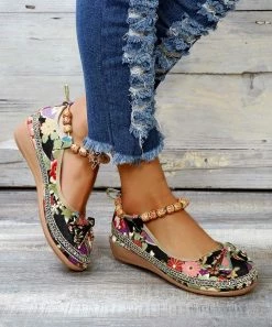 Wholesale ⭐ ROSY Black & Multicolor Bow-Accent Bead Ankle-Strap Flat - 👩 Women 🛒