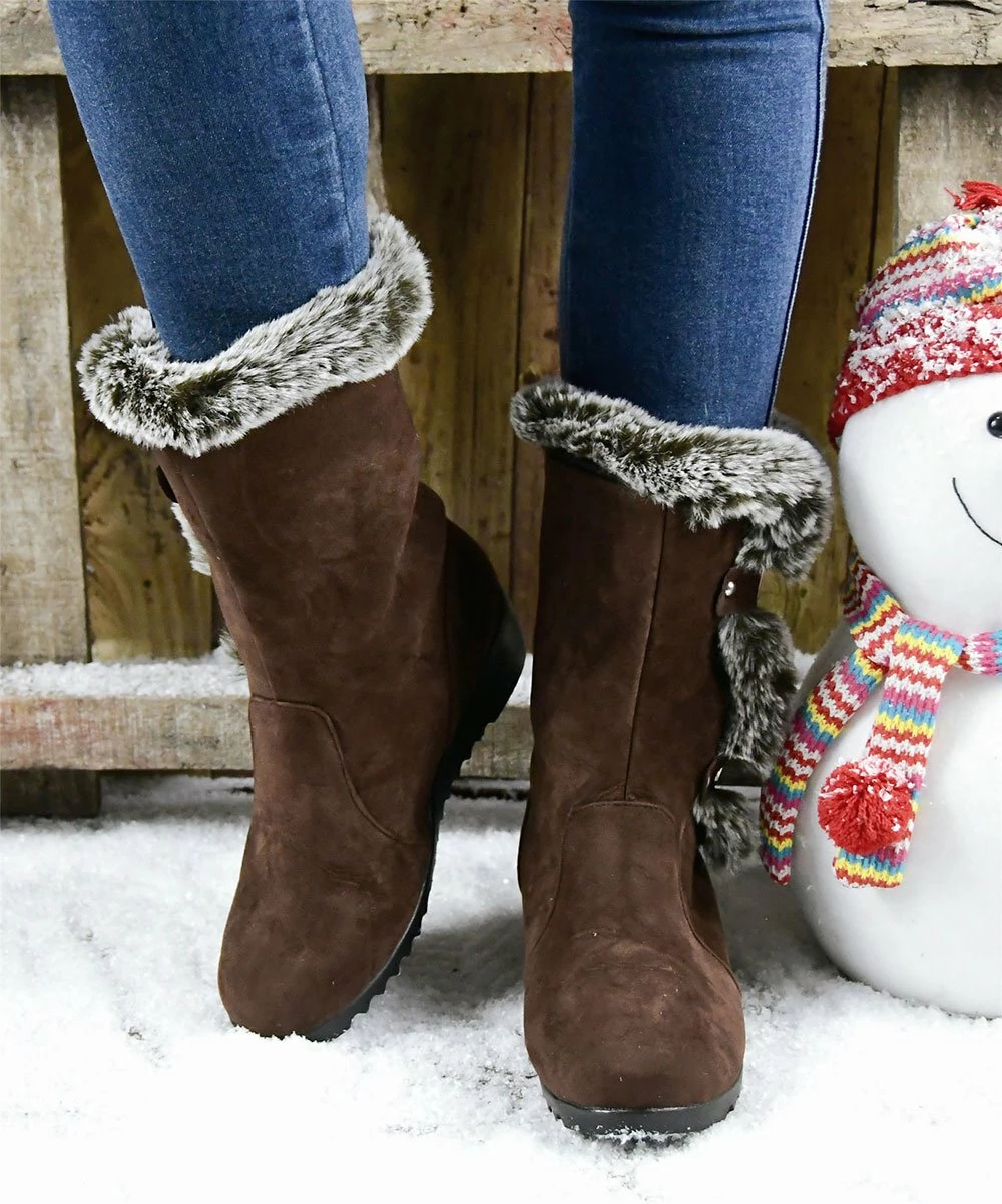 New π ROSY Brown & Gray Faux Fur-Lined Strap Accent Wedge Boot - π© Women π₯ 2 New π ROSY Brown & Gray Faux Fur-Lined Strap Accent Wedge Boot - π© Women π₯ - Image 2