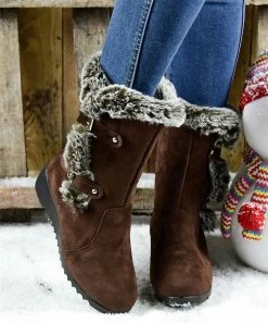 New 🎁 ROSY Brown & Gray Faux Fur-Lined Strap Accent Wedge Boot - 👩 Women 🔥