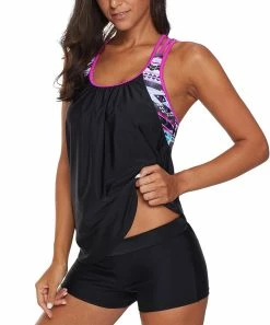 Best deal 👍 Zesica Rosy & Black T-Strap Tankini Top & Boyshort Bottoms - 👩 Women 😍