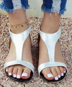 Cheapest ✔️ ROSY Silver Metallic Snake-Embossed T-Strap 🩴 Sandal - 👩 Women 🥰 -ROSY SHOP zu95401069 alt 3 tm1619557153