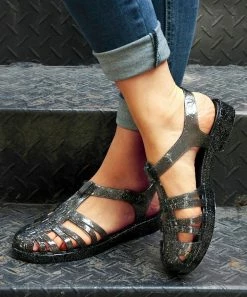 Best Pirce 😍 ROSY Shiny Black Strappy Closed-Toe Jelly 🩴 Sandal - 👩 Women ⌛