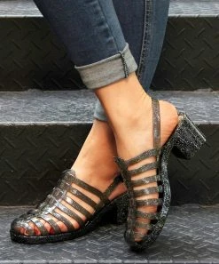 Promo 👍 ROSY Shiny Black Strappy Block-Heel Jelly 🩴 Sandal - 👩 Women 🎁